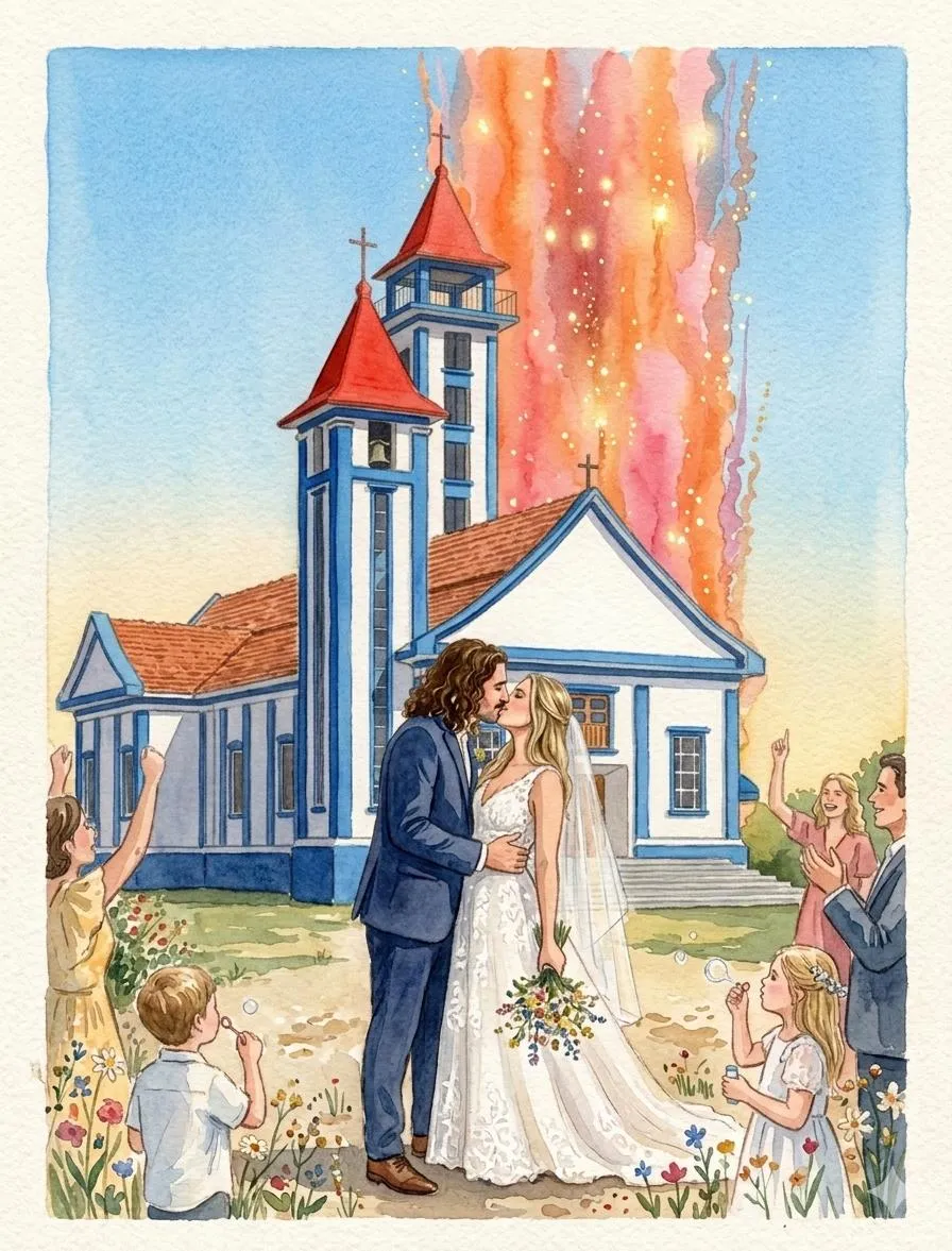 O beijo dos noivos na frente da chapel, céu de fogos coral