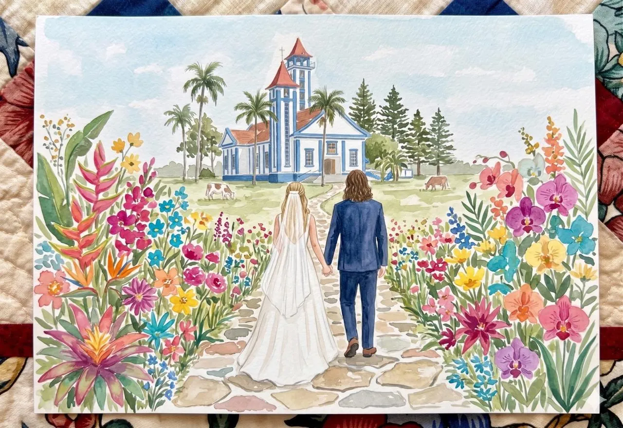 Mirella e Andrews caminhando para a chapel azul entre flores tropicais